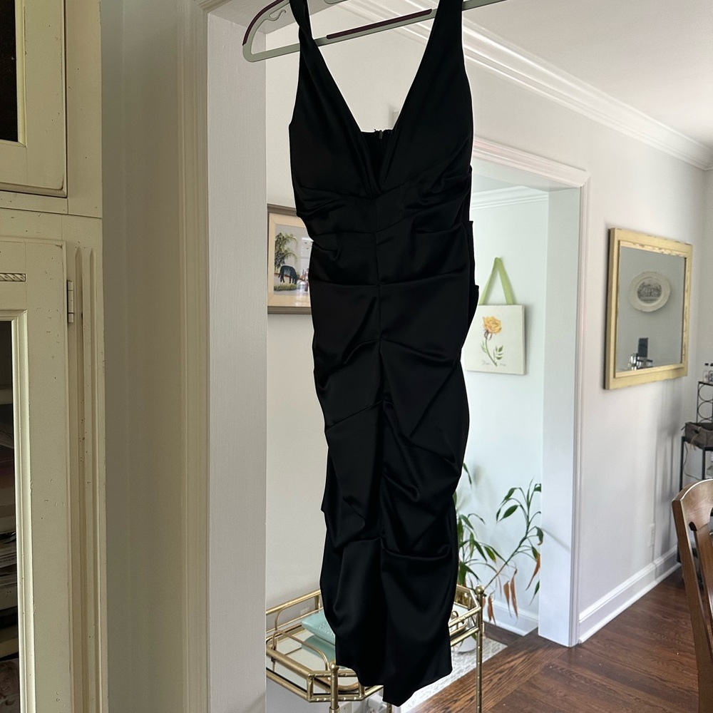 Xscape Black Ruched Bodycon Dress Plunge Neckline